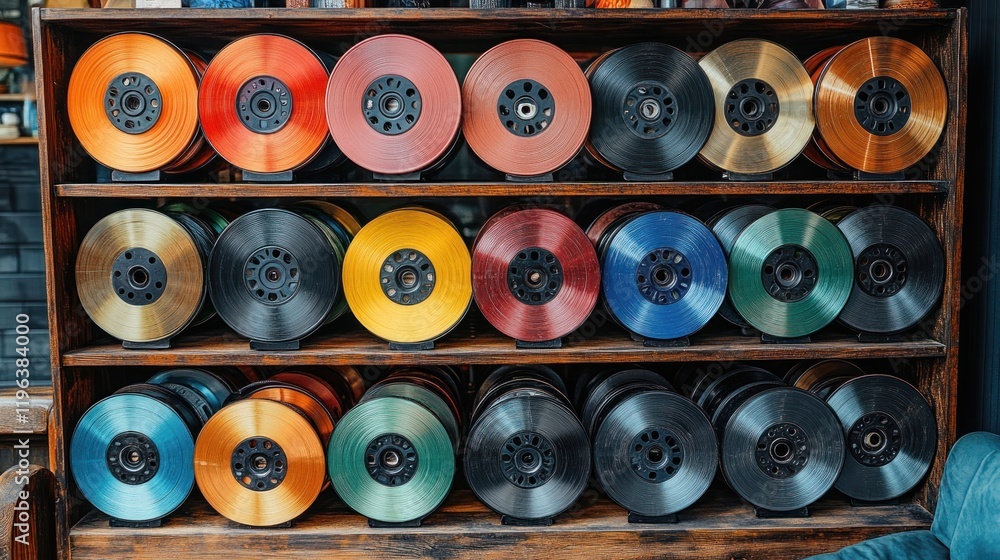 Fototapeta premium Colorful thread spools shelf, workshop, textile