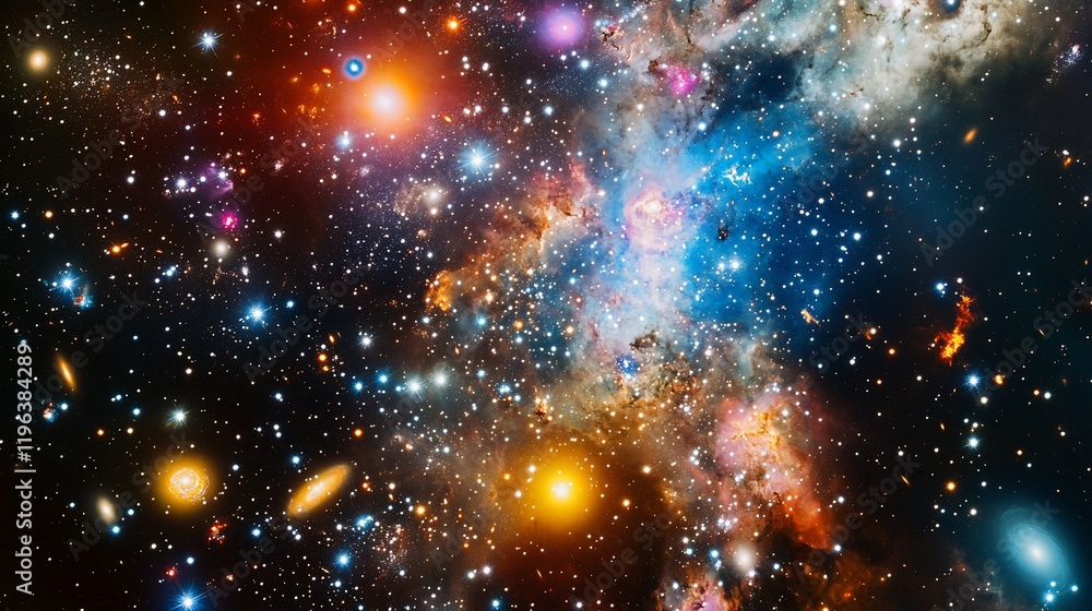 Naklejka premium Vivid nebula, cosmic dust, and star clusters in a vibrant deep space scene.