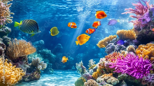 Fototapeta Naklejka Na Ścianę i Meble -  Vibrant coral reef teeming with colorful fish, sunlight beams penetrate the water, showcasing diverse marine life.