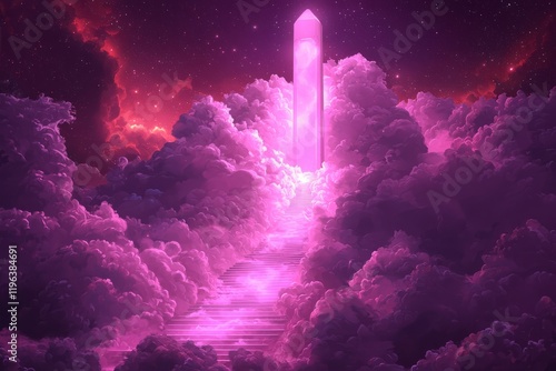 Celestial Stairway Ascending Towards a Glowing Crystal Spire photo