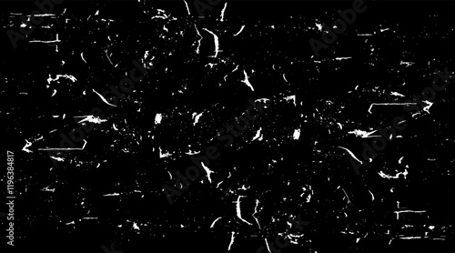 Snow, stars, twinkling lights, rain drops on black background. Abstract vector noise. Small particles of debris and dust. Distressed uneven grunge texture overlay.