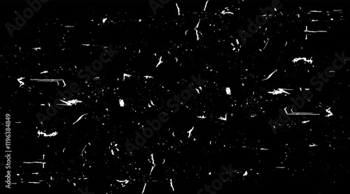 Snow, stars, twinkling lights, rain drops on black background. Abstract vector noise. Small particles of debris and dust. Distressed uneven grunge texture overlay.