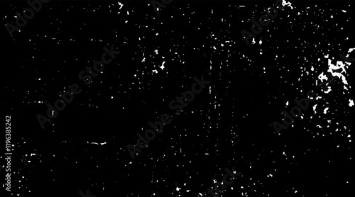 Snow, stars, twinkling lights, rain drops on black background. Abstract vector noise. Small particles of debris and dust. Distressed uneven grunge texture overlay.