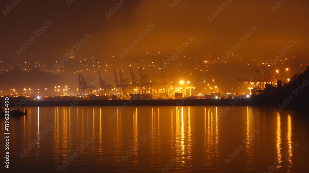 Obraz premium Night view of a hazy industrial port with lights reflected on calm water.