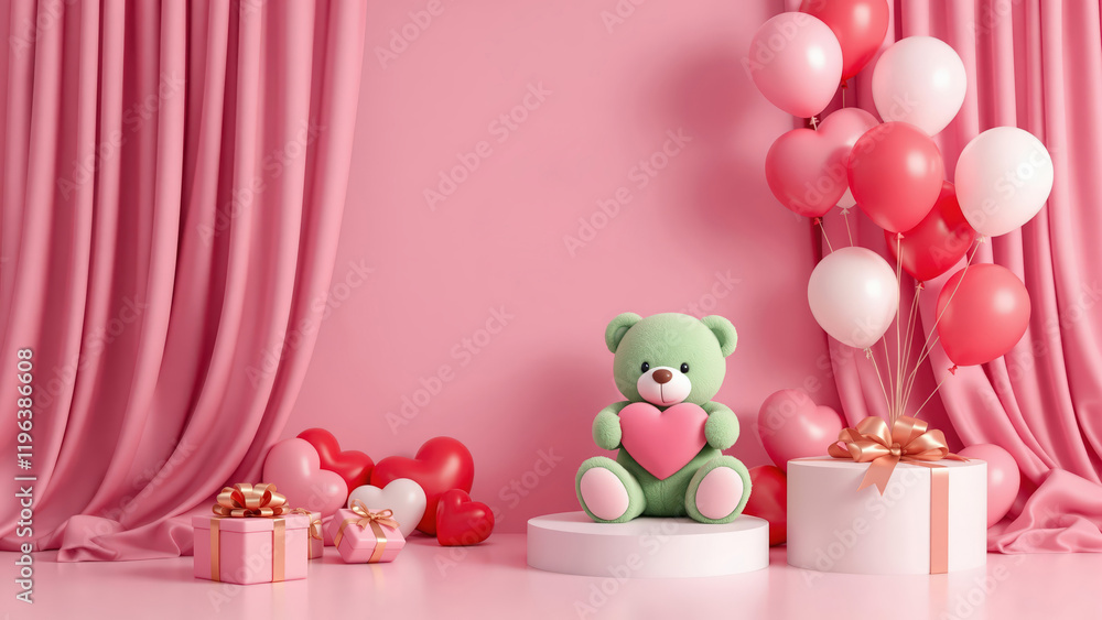 Adorable Pastel Pink Valentine's Day Studio Setup with Balloons, Hearts, and Teddy Bear, Featuring a Romantic and Sweet Scene