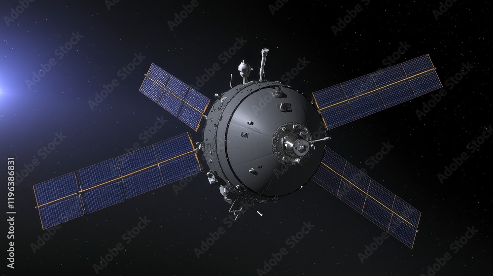 Fototapeta premium Advanced Spacecraft Orbiting Earth Detailed 3D Render of a Satellite with Solar Panels