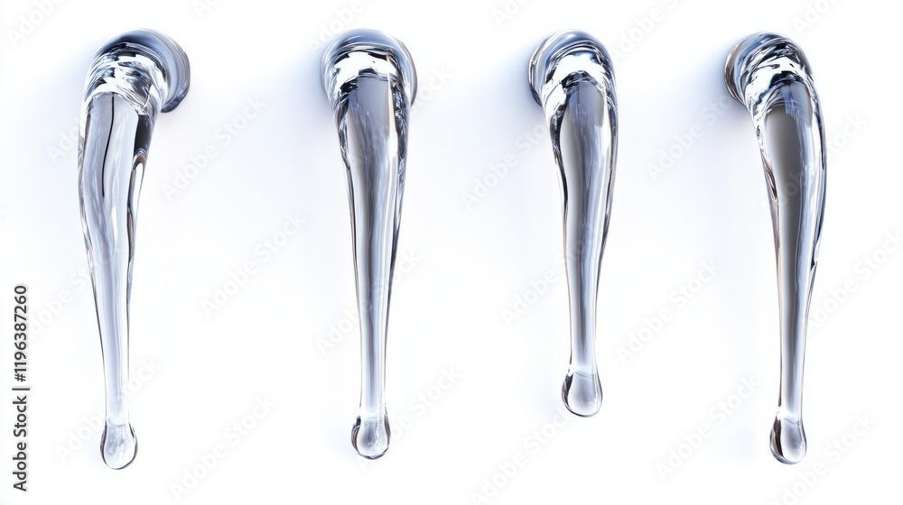 A set of icicles appearing to melt slightly at the ends, showing glossy reflections, isolated on white A set of icicles appearing to melt slightly at the ends, showing glossy reflections, isolated on white