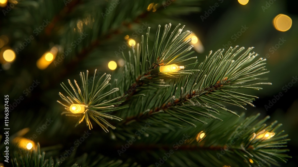 Close-up of Christmas Tree Branch with Warm Lights Close-up of Christmas Tree Branch with Warm Lights