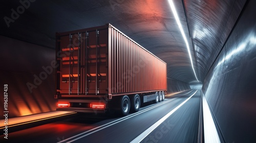 Cargo truck driving through a dark tunnel.