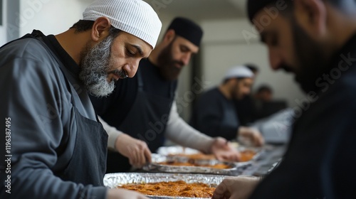 Muslim men preparing food in a kitchen.