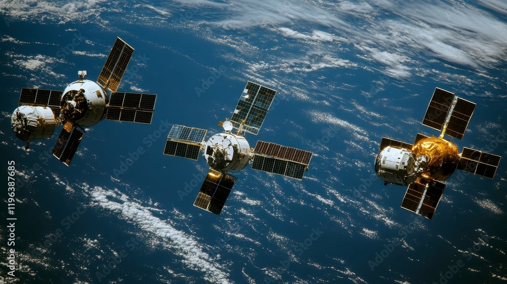 Fototapeta premium Three Spacecraft Orbiting Earth High Resolution Image of Satellites in Space