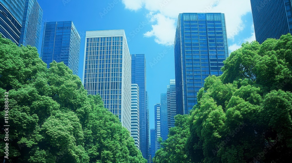Lush Green Trees Framing Modern Cityscape of High Rise Buildings under a Bright Blue Sky Lush Green Trees Framing Modern Cityscape of High Rise Buildings under a Bright Blue Sky