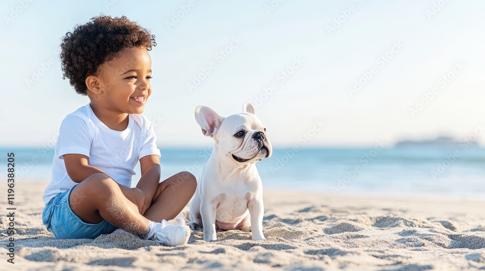 Beach Day Buddies: A joyful toddler and their adorable French bulldog puppy share a sunny afternoon at the beach, creating a heartwarming scene of childhood innocence and canine companionship. Beach Day Buddies: A joyful toddler and their adorable French bulldog puppy share a sunny afternoon at the beach, creating a heartwarming scene of childhood innocence and canine companionship.