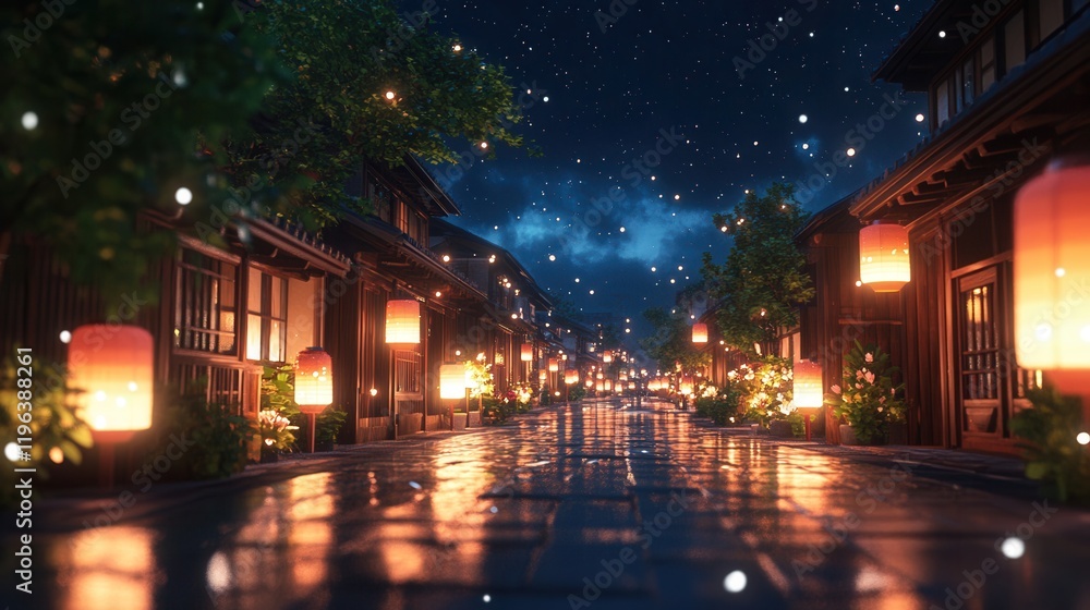Low Poly Japanese Street at Night, vibrant paper lanterns illuminating traditional architecture, serene atmosphere, cultural elegance Low Poly Japanese Street at Night, vibrant paper lanterns illuminating traditional architecture, serene atmosphere, cultural elegance
