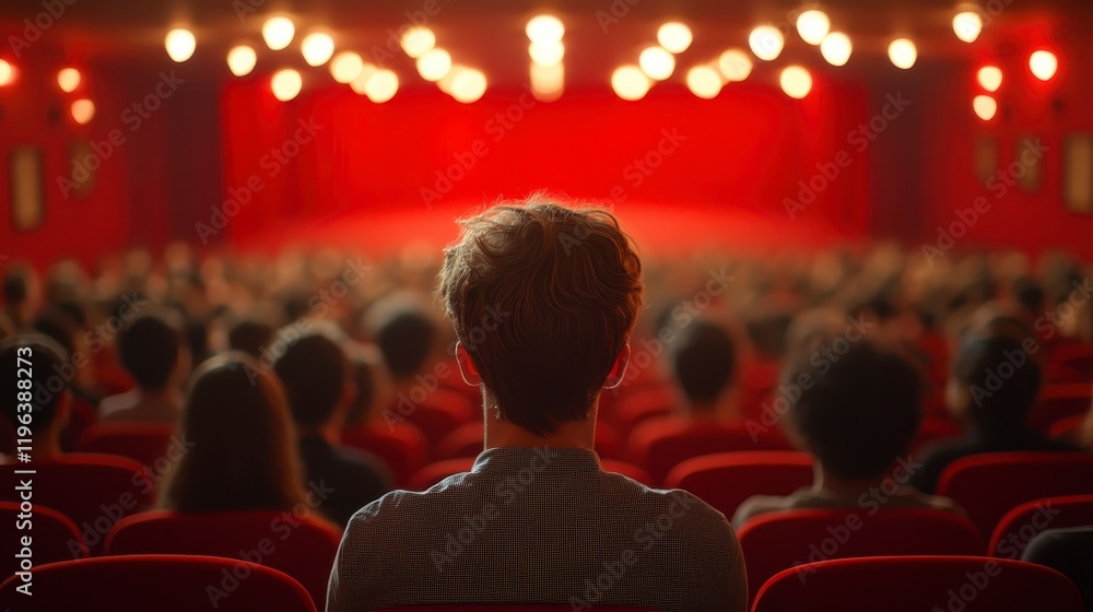 Man Watching a Performance in a Crowded Theater Auditorium Man Watching a Performance in a Crowded Theater Auditorium