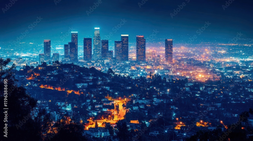 Naklejka premium Nighttime Panorama of Los Angeles Skyline