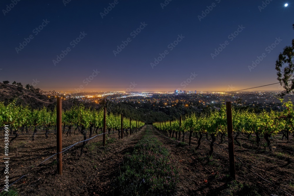 Fototapeta premium Night Vineyard Overlooking City Lights