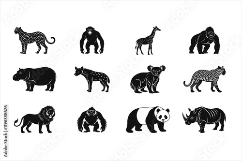 12 different wild life animals silhouette vector illustrations