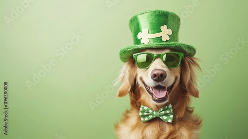 Lucky Charm Pup: A golden retriever dog dressed up in a green leprechaun hat, sunglasses, and bowtie smiles brightly, ready to celebrate St. Patrick's Day with a touch of canine charm.