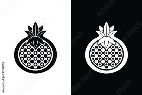 Whole & Half-Cut Pomegranate Icon. Black & White Collection