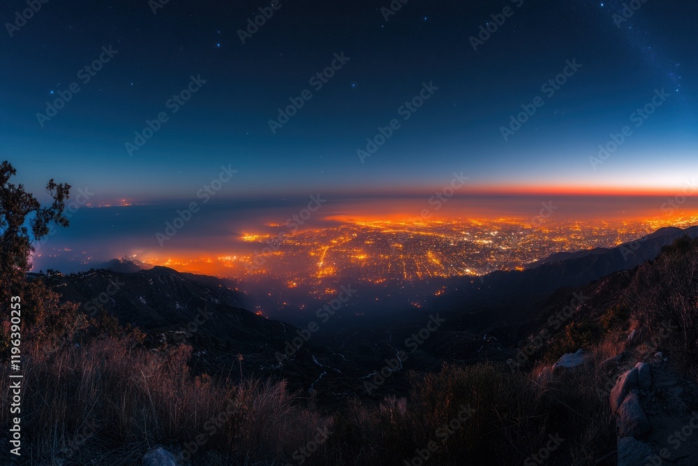 Naklejka premium Night City Lights from Mountaintop: A Breathtaking Panorama