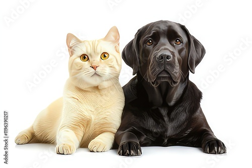 A golden retriever puppy and a tabby cat sitting together, displaying a bond of friendship, isolated on a white background.
