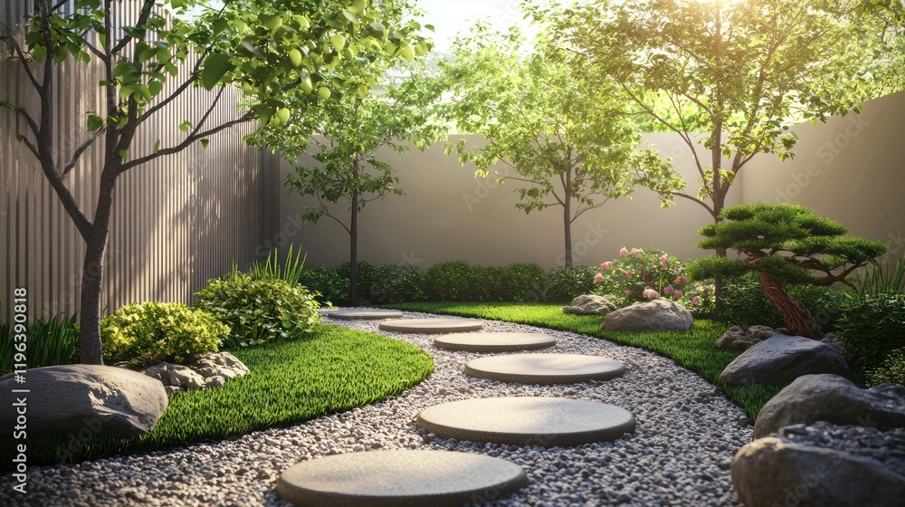 A minimalist zen garden with a stone pathway, bonsai trees, and a tranquil atmosphere. A minimalist zen garden with a stone pathway, bonsai trees, and a tranquil atmosphere.