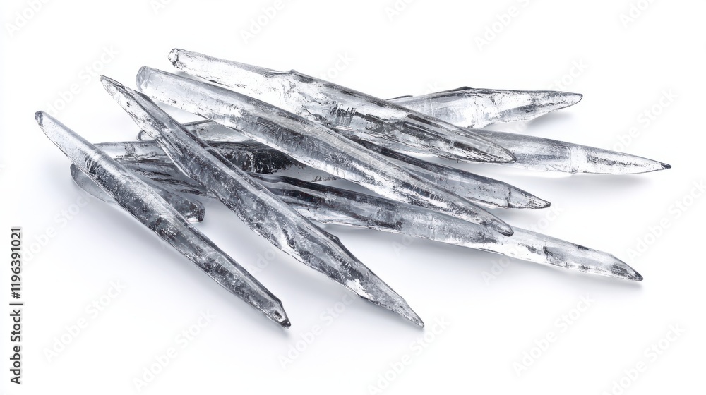Icicles with frosty patterns and sharp edges, arranged neatly, showcasing their natural beauty, isolated on a white background Icicles with frosty patterns and sharp edges, arranged neatly, showcasing their natural beauty, isolated on a white background