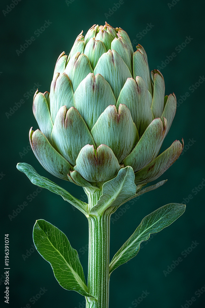 A Single Artichoke Bud Against A Dark Green Background A Single Artichoke Bud Against A Dark Green Background