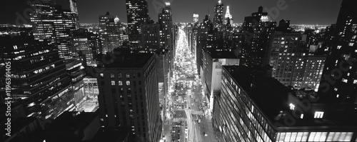 Black and white New York City at night panoramic picture, USA., Generative AI
