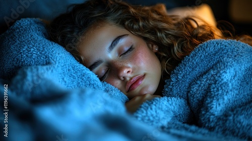Soft blue light fills a cozy room where a young woman sleeps soundly wrapped in a fluffy blanket. Her curly hair frames her peaceful face as she enjoys a moment of tranquility