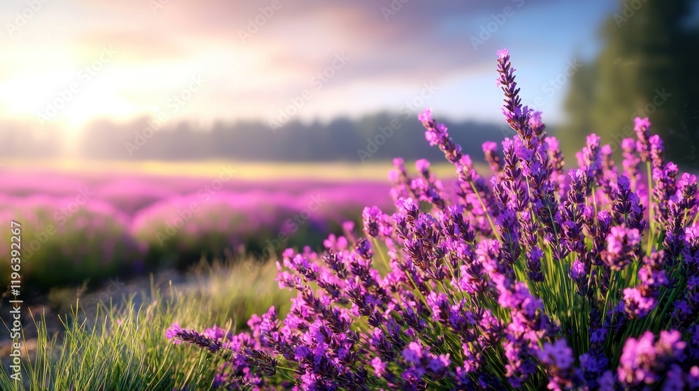 Obraz premium A vibrant lavender field under a soft sunrise.