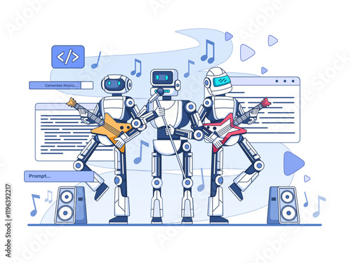 Illustration of AI music generation with robots playing music band.
Suitable for web, infographic, social media, poster, etc.