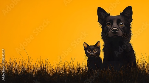 A papercut illustration of an adoption sign with a dog and cat next to it, waiting for a family to adopt them