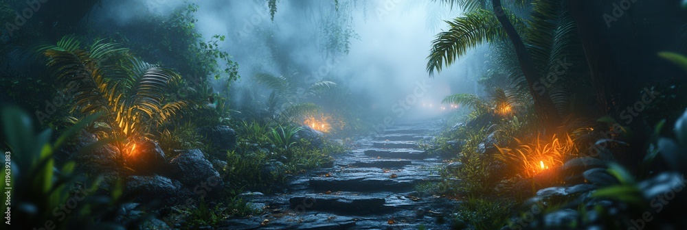 Fototapeta premium Enigmatic low poly jungle shrouded in mist, winding paths reveal hidden treasures and secrets waiting to be discovered