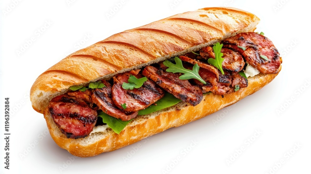 Grilled sausage sandwich with fresh greens on a toasted baguette against a white backdrop Grilled sausage sandwich with fresh greens on a toasted baguette against a white backdrop