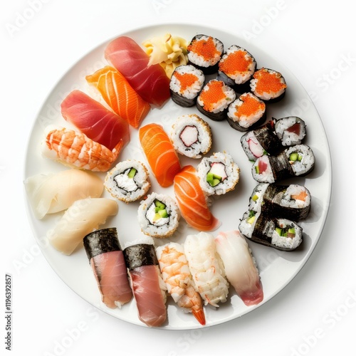 A plate of assorted sushi including nigiri and maki rolls, isolated white background, hyperrealism art style photo