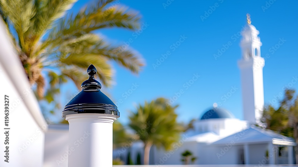 White Mosque with Palm Trees under a Sunny Sky White Mosque with Palm Trees under a Sunny Sky