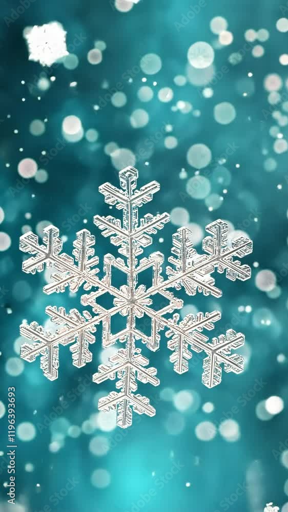 Snowflake design on a shimmering teal background with soft, blurred lights captured during winter season Snowflake design on a shimmering teal background with soft, blurred lights captured during winter season