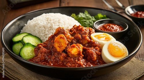 A plate of rendang with rice and egg