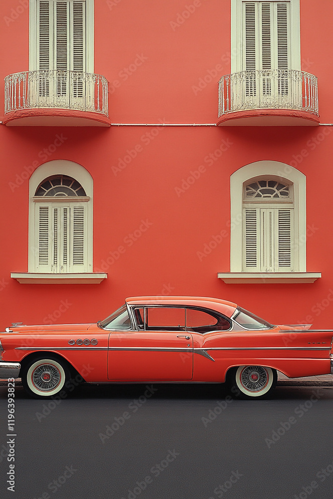 Classic Red Car Parked Before Coral Building Classic Red Car Parked Before Coral Building