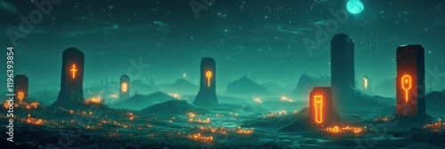 Mystical low poly valley featuring ancient monoliths adorned with glowing glyphs, an enchanting landscape steeped in mystery and wonder