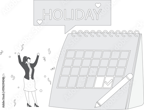 Holiday calendar with happy businesswoman concept vector illustration, holiday planning schedule, company holiday for employee, relax after work, employee appreciation day or long holiday photo