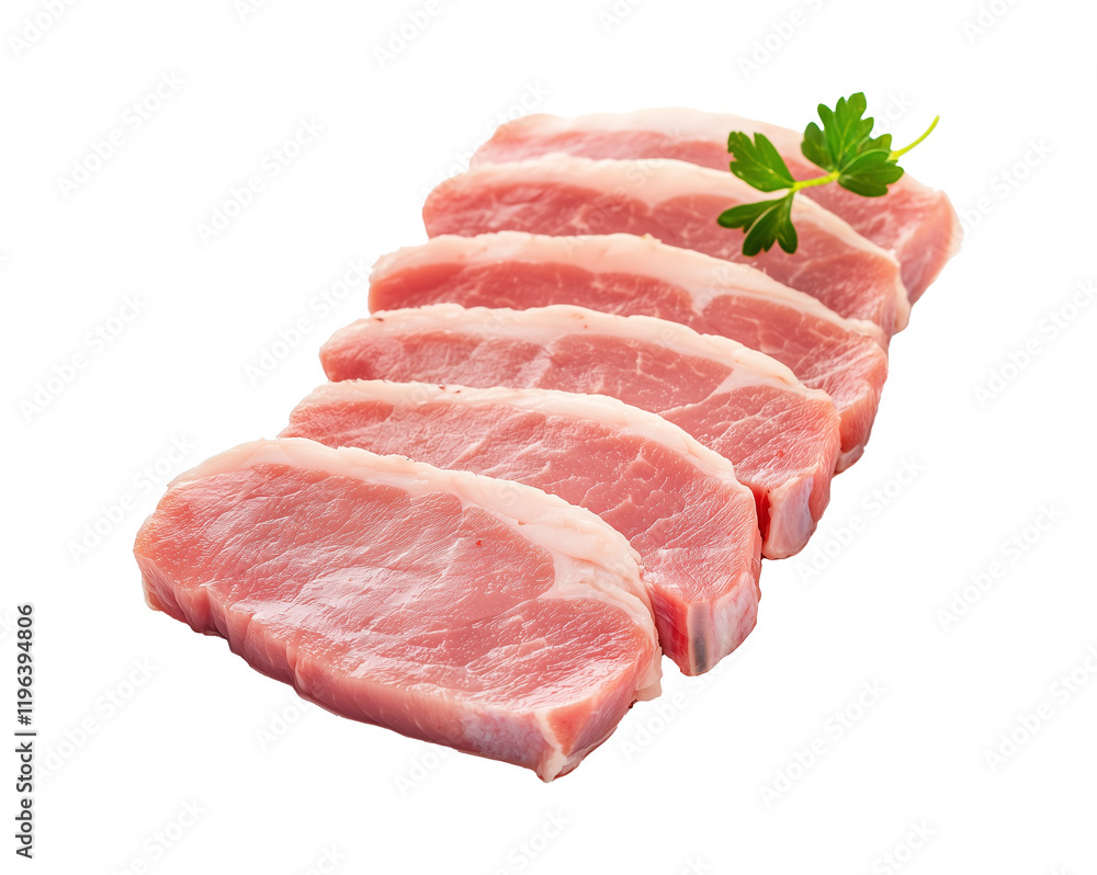 Slices of fresh pork loin arranged neatly on transparency background, garnished with sprig of parsley, showcasing their marbled texture and pink color Slices of fresh pork loin arranged neatly on transparency background, garnished with sprig of parsley, showcasing their marbled texture and pink color