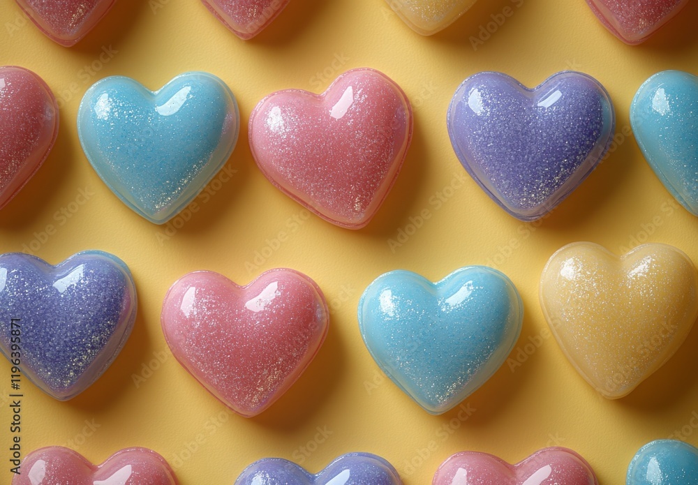 Obraz premium Colorful Heart-Shaped Candy with Sparkle Effects on a Bright Yellow Background for Creative Food and Dessert Inspired Designs