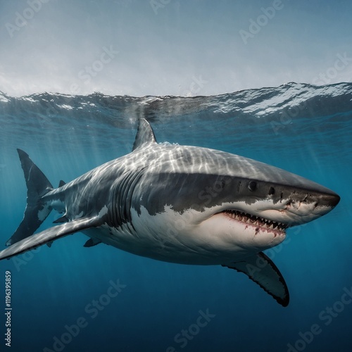 A great white shark illustrated in a cartoon style, with bold outlines, on white.