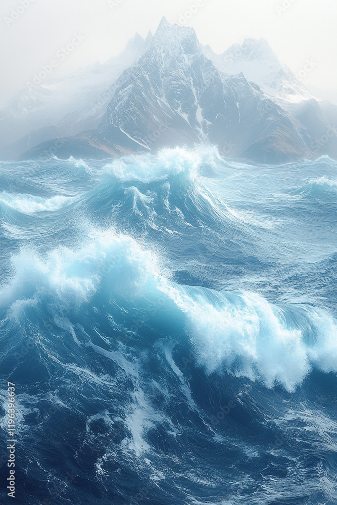 Majestic Ocean Waves Crashing Against Snow Capped Mountains Majestic Ocean Waves Crashing Against Snow Capped Mountains