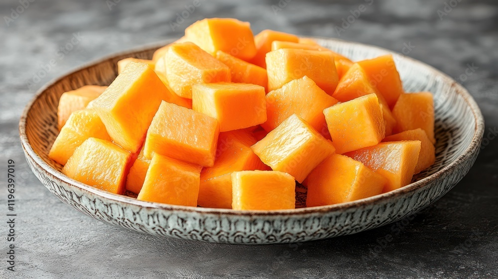 Diced butternut squash, kitchen counter, autumnal background, recipe ingredient Diced butternut squash, kitchen counter, autumnal background, recipe ingredient