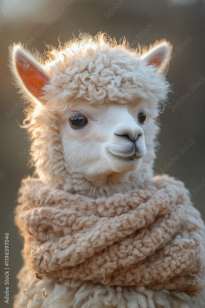 Adorable White Alpaca Wearing a Cozy Scarf