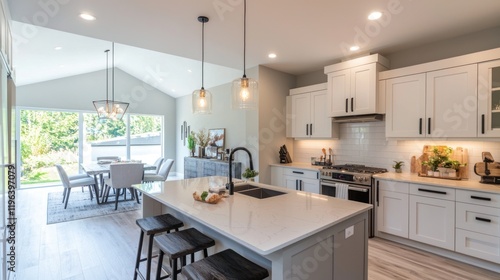 A modern kitchen with energy-efficient LED recessed lighting, casting bright, even light across the countertops and dining area. photo